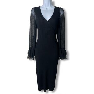 Almost Famous Black Ribbed Bodycon Midi Dress Sheer Dot Ruffle Sleeves Sz. L